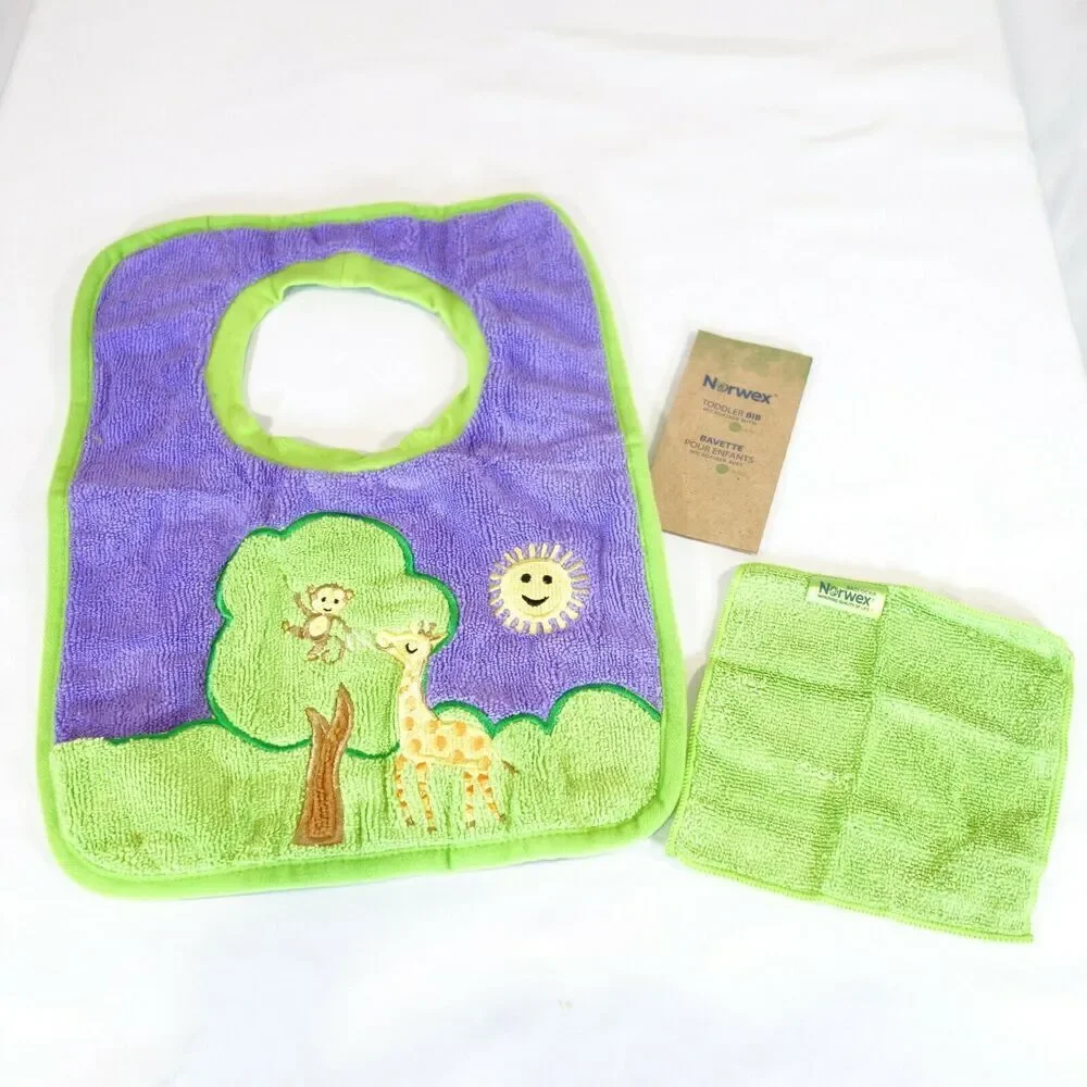 New Norwex Baby Bib Purple Tree Giraffe Monkey Washcloth Microfiber with Baclock